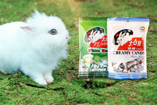 white rabbit candy with white rabbit on grass
