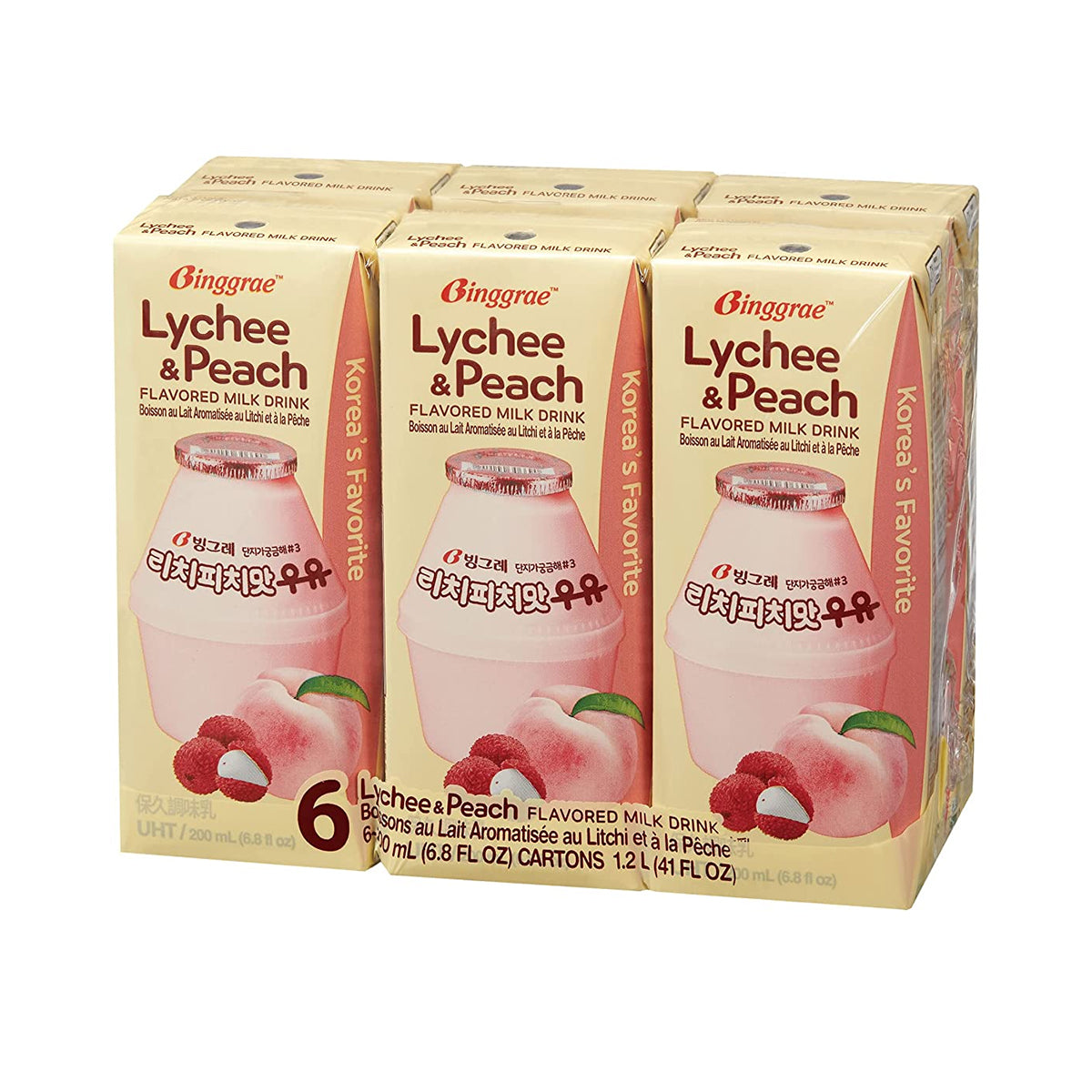 binggrae lychee peach flavored milk drink - 6pk 200ml