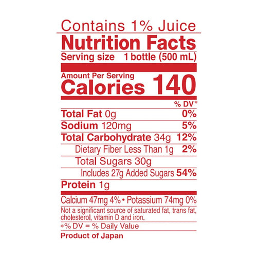 calpico strawberry non-carbonated soft drink - 500ml nutrition label